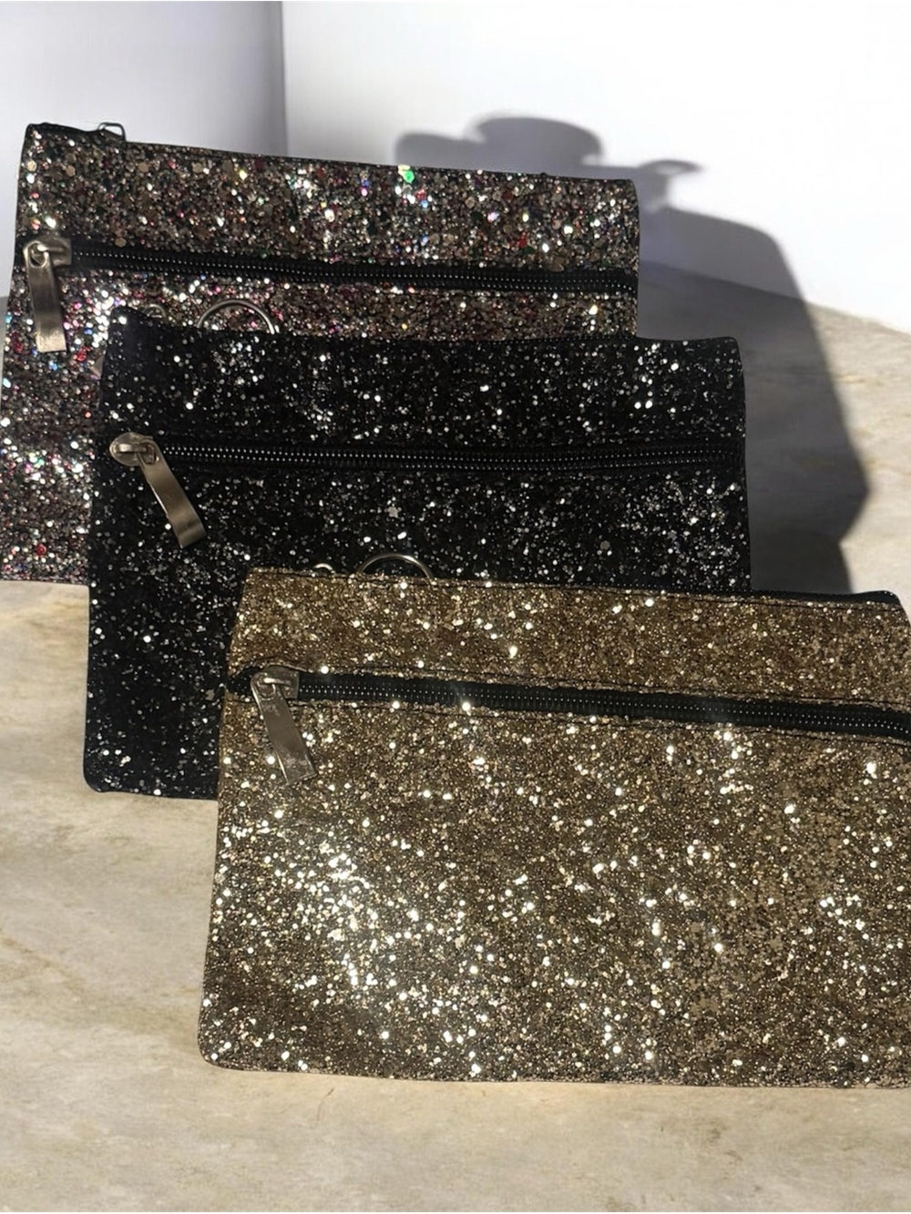 Glitter Zip Clutch - Gold, Black, and Multi-Color ( Set of 3)